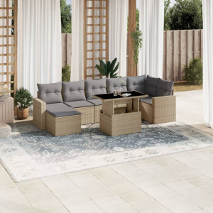 Set de sofás de jardín y cojines 8 piezas ratán sintético beige D