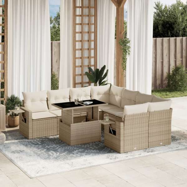 Sofá de jardim conjunto 9 pcs com almofadas de rattan sintético bege D