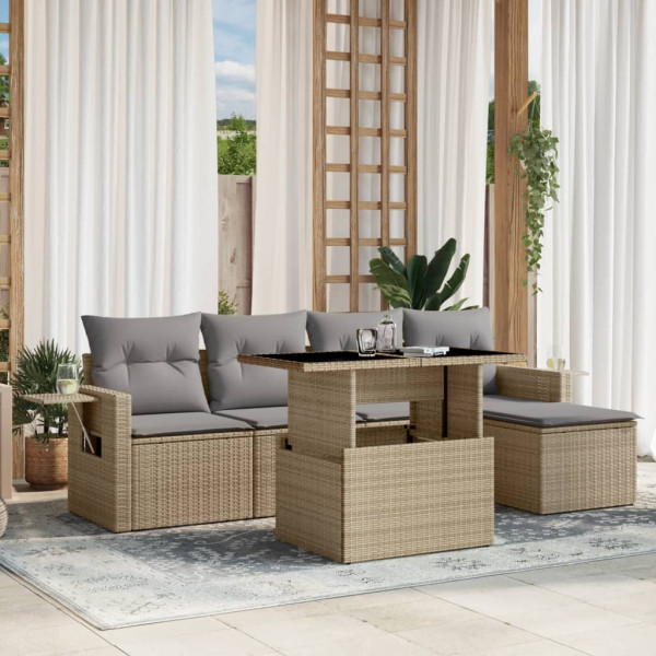 Sofá de jardim com almofadas 6 pcs bege sintético rattan D