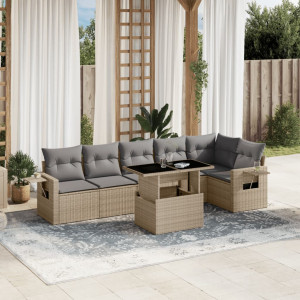 Set sofás de jardín 7 piezas y cojines ratán sintético beige D