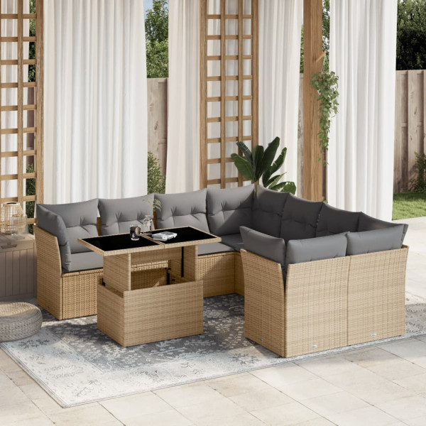 Sofá de jardim conjunto 9 pcs com almofadas de rattan sintético bege D