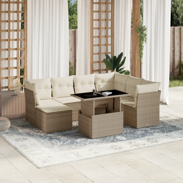 Set de sofás de jardín y cojines 8 piezas ratán sintético beige D