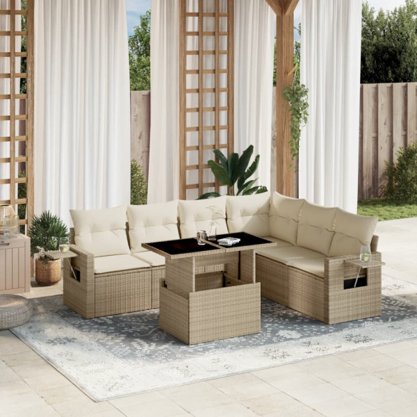 Set sofás de jardín 7 piezas y cojines ratán sintético beige D