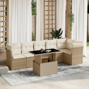 Set sofás de jardín 7 piezas y cojines ratán sintético beige D