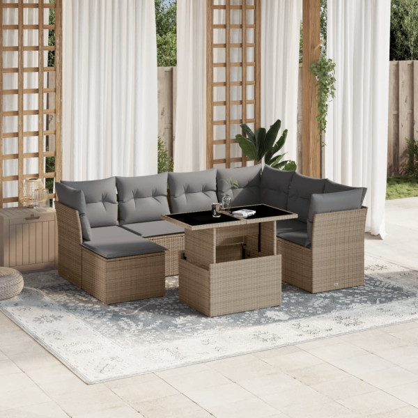 Set de sofás de jardín y cojines 8 piezas ratán sintético beige D