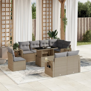 Set de sofás de jardín 9 pzas con cojines ratán sintético beige D