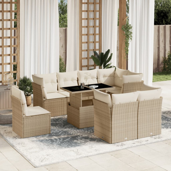 Sofá de jardim conjunto 9 pcs com almofadas de rattan sintético bege D