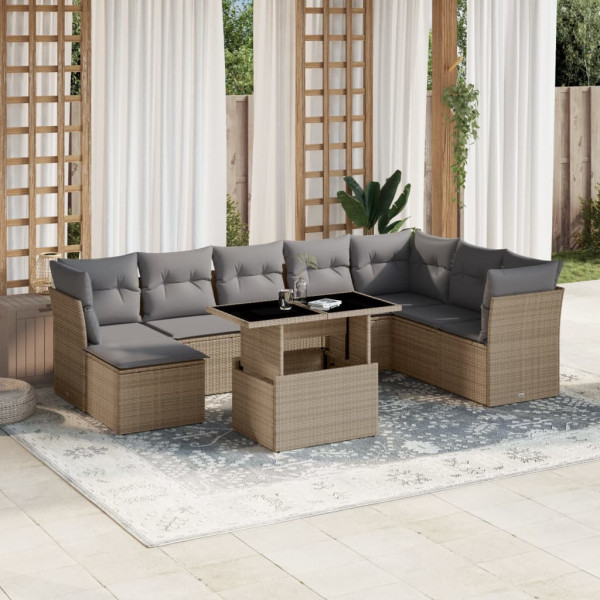 Sofá de jardim conjunto 9 pcs com almofadas de rattan sintético bege D