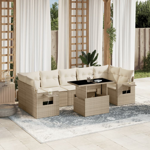 Set de sofás de jardín y cojines 8 piezas ratán sintético beige D