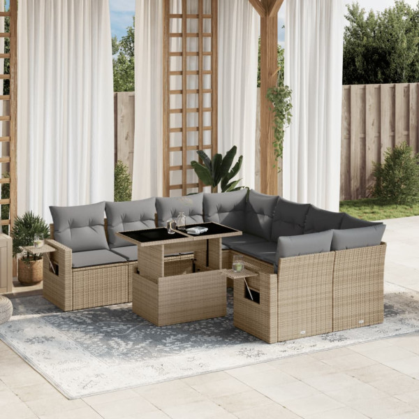 Sofá de jardim conjunto 9 pcs com almofadas de rattan sintético bege D