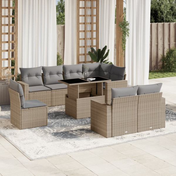 Sofá de jardim conjunto 9 pcs com almofadas de rattan sintético bege D