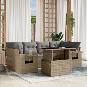 Set sofás de jardín 7 piezas y cojines ratán sintético beige D