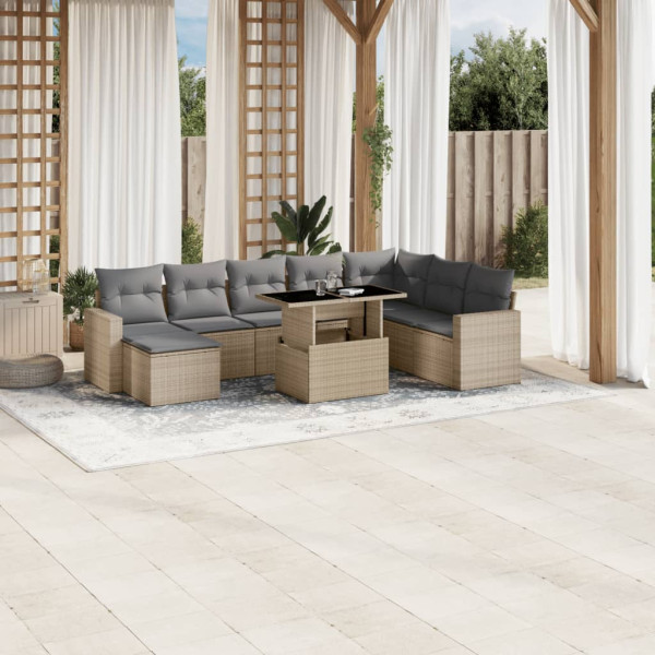 Set de sofás de jardín 9 pzas con cojines ratán sintético beige D