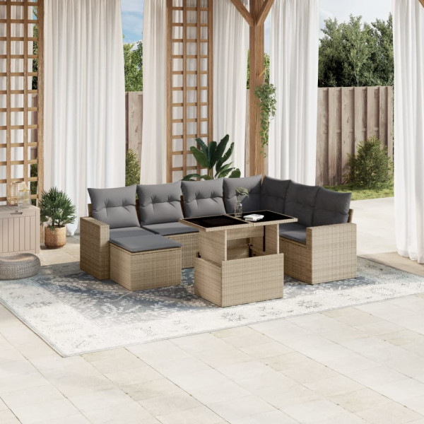 Set de sofás de jardín y cojines 8 piezas ratán sintético beige D