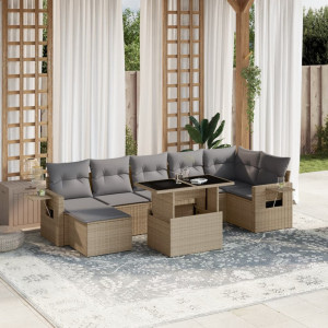 Set de sofás de jardín y cojines 8 piezas ratán sintético beige D