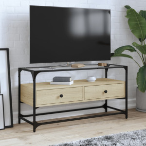 Mueble TV cristal y madera ingeniería roble Sonoma 98x35x51 cm D