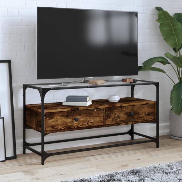 Móvel TV em vidro e madeira nobre carvalho fumado 98x35x51 cm D