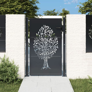 Puerta de jardín acero gris antracita diseño árbol 105x130 cm D