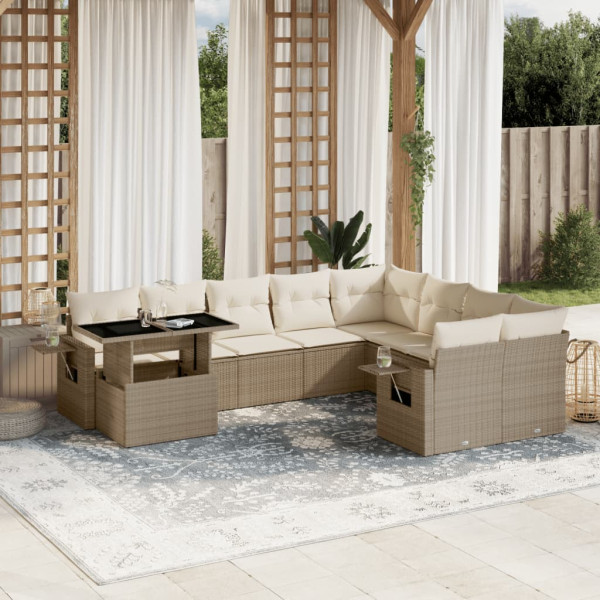 Conjunto de sofá de jardim com almofadas bege 10 peças de rattan sintético D