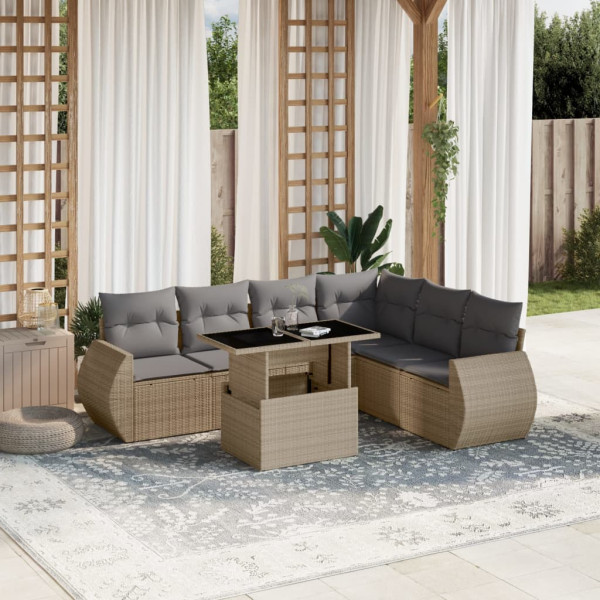 Set sofás de jardín 7 piezas y cojines ratán sintético beige D