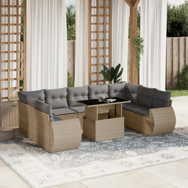 Conjunto de sofá de jardim com almofadas bege 10 peças de rattan sintético D