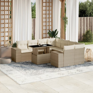 Set de sofás de jardín 9 pzas con cojines ratán sintético beige D