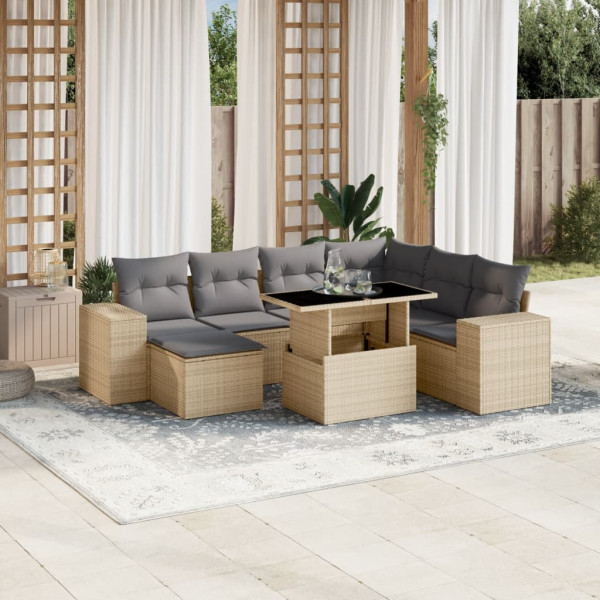 Conjunto de sofá e almofada de jardim 8 peças rattan sintético bege D