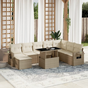 Set de sofás de jardín 9 pzas con cojines ratán sintético beige D