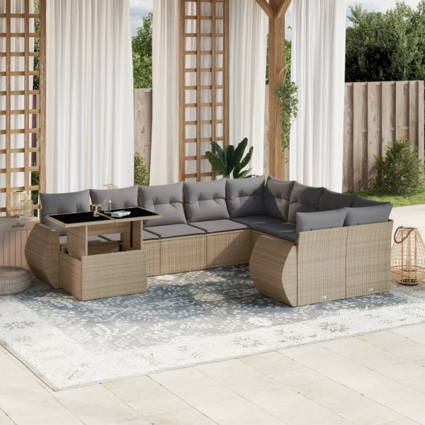 Conjunto de sofá de jardim com almofadas bege 10 peças de rattan sintético D