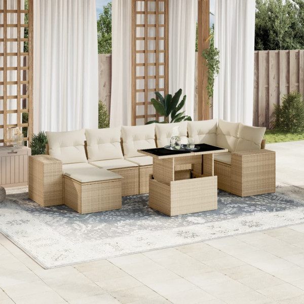 Conjunto de sofá e almofada de jardim 8 peças rattan sintético bege D