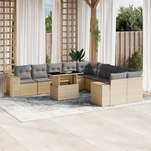 Set de sofás de jardín 11pzas con cojines ratán sintético beige D