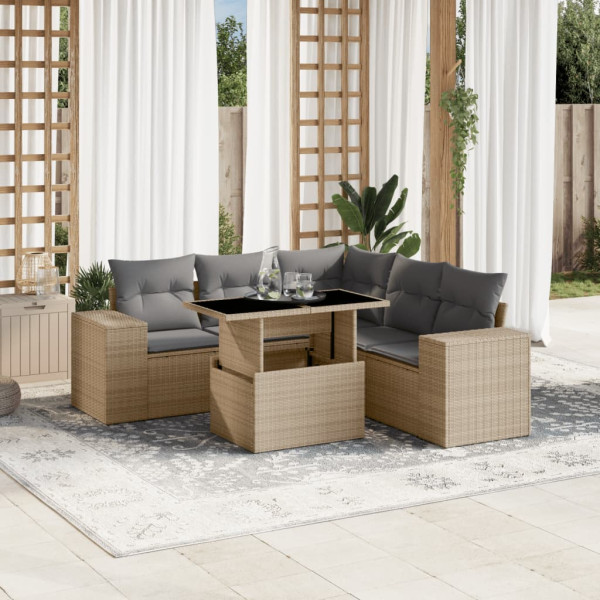 Conjunto de sofá de jardim com almofadas 6 peças de rattan sintético bege D