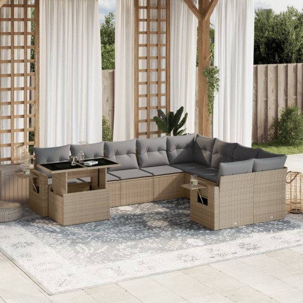 Conjunto de sofá de jardim com almofadas bege 10 peças de rattan sintético D