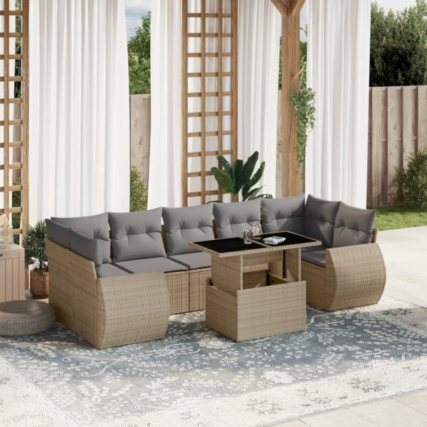 Conjunto de sofá e almofada de jardim 8 peças rattan sintético bege D