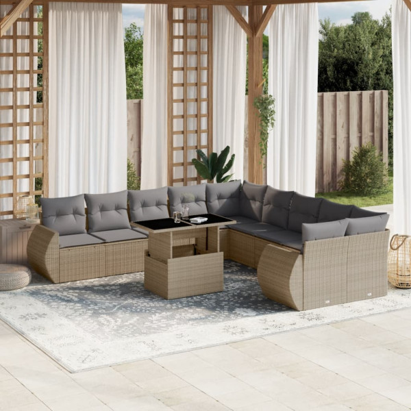 Set de sofás de jardín 11pzas con cojines ratán sintético beige D