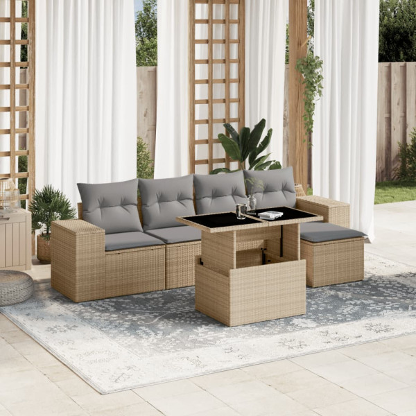 Conjunto de sofá de jardim com almofadas 6 peças de rattan sintético bege D