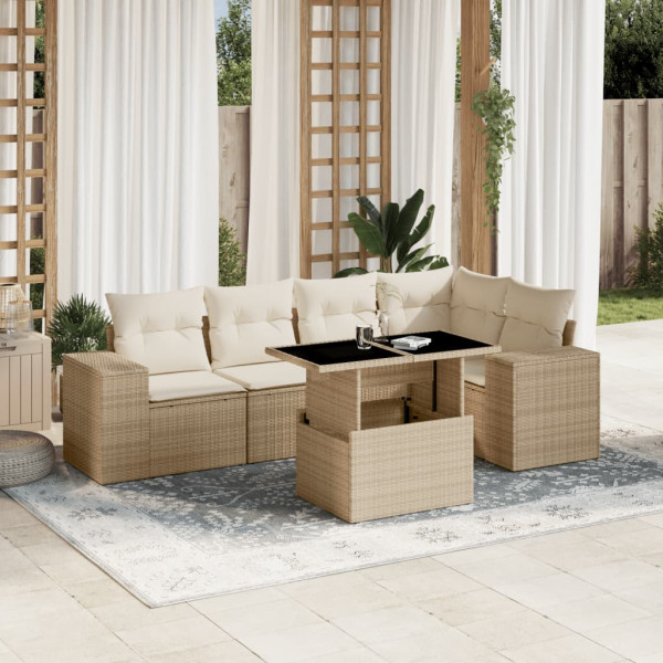 Conjunto de sofá de jardim com almofadas 6 peças de rattan sintético bege D