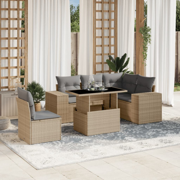 Conjunto de sofá de jardim com almofadas 6 peças de rattan sintético bege D