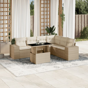 Set sofás de jardín 7 piezas y cojines ratán sintético beige D