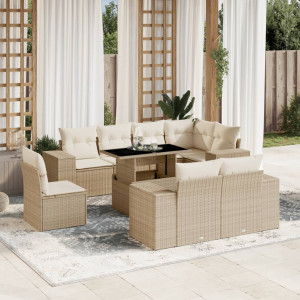 Set de sofás de jardín 9 pzas con cojines ratán sintético beige D