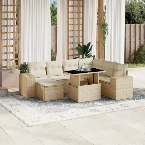 Conjunto de sofá e almofada de jardim 8 peças rattan sintético bege D