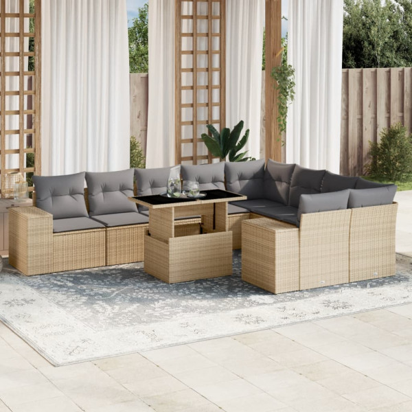 Conjunto de sofá de jardim com almofadas bege 10 peças de rattan sintético D