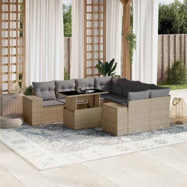 Set de sofás de jardín 9 pzas con cojines ratán sintético beige D