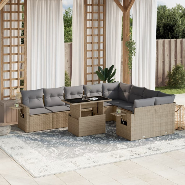 Conjunto de sofá de jardim com almofadas bege 10 peças de rattan sintético D