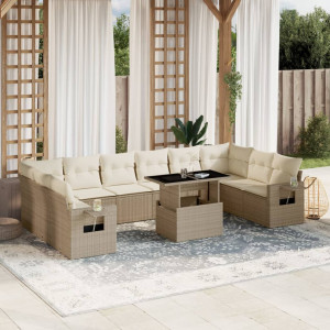 Set de sofás de jardín 11pzas con cojines ratán sintético beige D