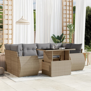 Set sofás de jardín 7 piezas y cojines ratán sintético beige D