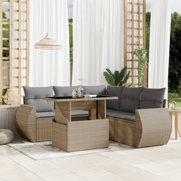 Conjunto de sofá de jardim com almofadas 6 peças de rattan sintético bege D