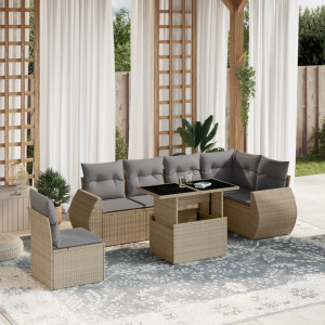 Set sofás de jardín 7 piezas y cojines ratán sintético beige D