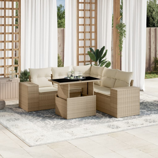 Conjunto de sofá de jardim com almofadas 6 peças de rattan sintético bege D