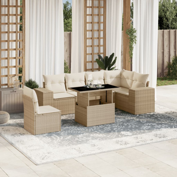 Set sofás de jardín 7 piezas y cojines ratán sintético beige D